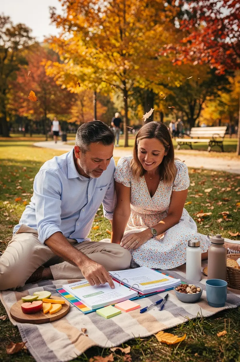 Ilustrace rodiny plánující rozpočet s použitím tabulek a kalkulačky.